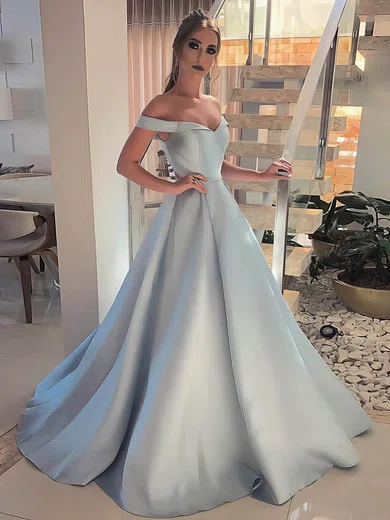A-line Off-the-shoulder Satin Sweep Train Sashes / Ribbons Prom Dresses #Milly020106945