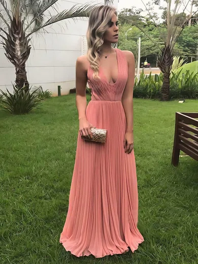 A-line V-neck Chiffon Sweep Train Ruffles Prom Dresses #Milly020106946