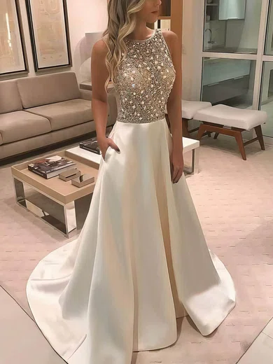 A-line Scoop Neck Satin Sweep Train Pockets Prom Dresses #Milly020106948