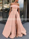 A-line Off-the-shoulder Satin Sweep Train Sashes / Ribbons Prom Dresses #Milly020106951