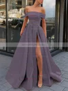 A-line Off-the-shoulder Satin Sweep Train Sashes / Ribbons Prom Dresses #Milly020106951