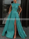 A-line High Neck Satin Sweep Train Beading Prom Dresses #Milly020106952