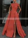 A-line High Neck Satin Sweep Train Beading Prom Dresses #Milly020106952