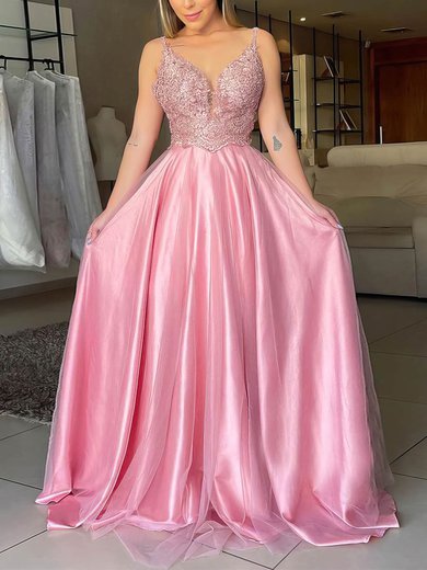A-line Sweep Train V-neck Tulle Silk-like Satin Appliques Lace Prom Dresses #Milly020106954