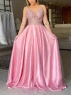 A-line Sweep Train V-neck Tulle Silk-like Satin Appliques Lace Prom Dresses #Milly020106954