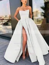 A-line Strapless Satin Sweep Train Sashes / Ribbons Prom Dresses #Milly020106959