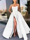 A-line Strapless Satin Sweep Train Sashes / Ribbons Prom Dresses #Milly020106959