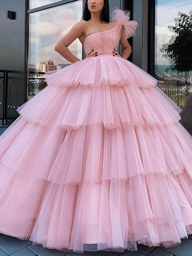 Ball Gown/Princess Floor-length One Shoulder Tulle Tiered Prom Dresses #Milly020106968