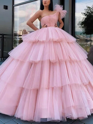 Ball Gown One Shoulder Tulle Tiered Prom Dresses #Milly020106968