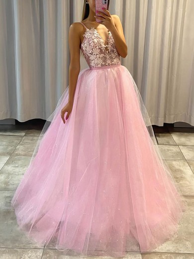 Ball Gown/Princess Floor-length V-neck Tulle Glitter Appliques Lace Prom Dresses #Milly020106969