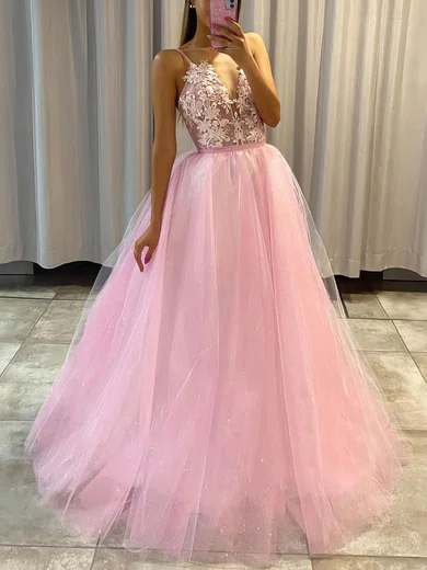Ball Gown V-neck Floor-length Tulle Prom Dresses With Appliques #Milly020106969