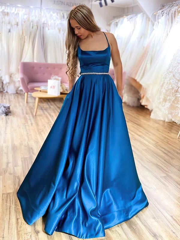 A-line Square Neckline Satin Sweep Train Beading Prom Dresses #Milly020106975