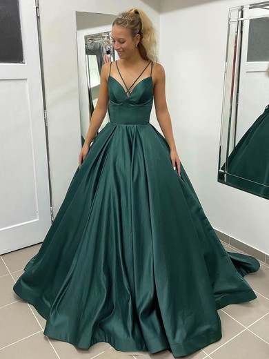 Ball Gown V-neck Satin Court Train Pockets Prom Dresses #Milly020106979