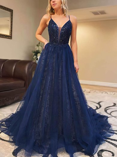 Ball Gown/Princess Sweep Train V-neck Lace Tulle Beading Prom Dresses #Milly020106980