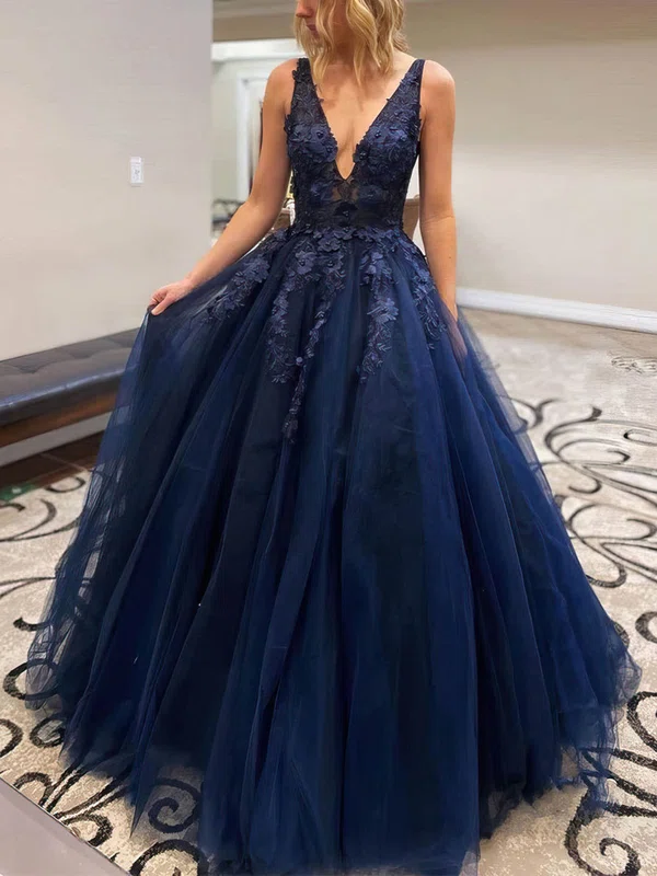 Ball Gown/Princess Sweep Train V-neck Tulle Appliques Lace Prom Dresses #Milly020106981