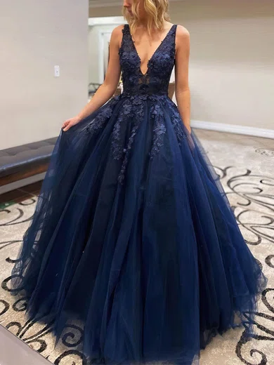 Ball Gown V-neck Tulle Prom Dresses With Appliques #Milly020106981