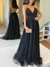 A-line V-neck Tulle Glitter Sweep Train Prom Dresses #Milly020106982