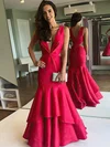 Trumpet/Mermaid V-neck Silk-like Satin Sweep Train Tiered Prom Dresses #Milly020106983