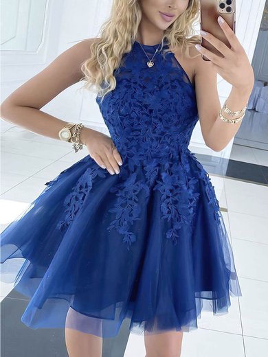 A-line Halter Tulle Short/Mini Appliques Lace Prom Dresses #Milly020106984
