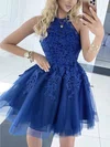 A-line Halter Tulle Short/Mini Appliques Lace Short Prom Dresses #Milly020106984