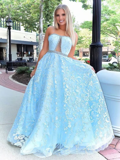 Ball Gown Strapless Tulle Sweep Train Beading Prom Dresses #Milly020106986