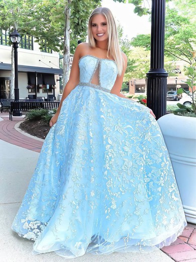 Ball Gown Strapless Tulle Sweep Train Beading Prom Dresses #Milly020106986