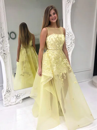 A-line Scoop Neck Organza Floor-length Beading Prom Dresses #Milly020106989