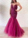 Trumpet/Mermaid Sweep Train V-neck Tulle Beading Prom Dresses #Milly020106995