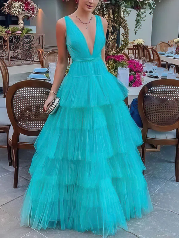 Ball Gown/Princess Floor-length V-neck Tulle Tiered Prom Dresses #Milly020107017