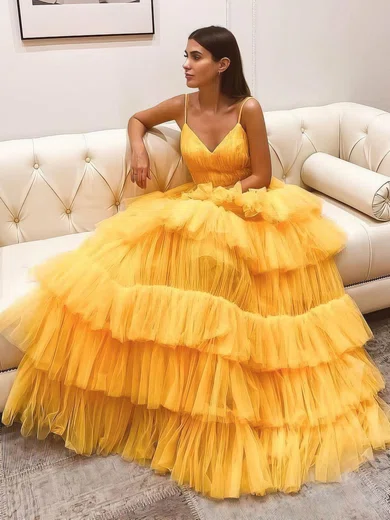 Ball Gown/Princess Floor-length V-neck Tulle Tiered Prom Dresses #Milly020107018