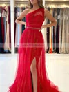 A-line One Shoulder Tulle Sweep Train Beading Prom Dresses #Milly020107020