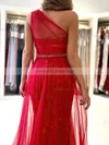 A-line One Shoulder Tulle Sweep Train Beading Prom Dresses #Milly020107020