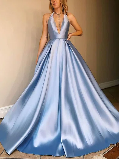 Satin Halter Ball Gown/Princess Sweep Train Pockets Prom Dresses #Milly020107024
