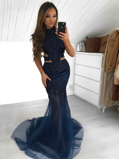 Trumpet/Mermaid High Neck Tulle Sweep Train Beading Prom Dresses #Milly020107025