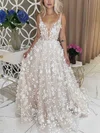 A-line V-neck Tulle Sweep Train Appliques Lace Prom Dresses #Milly020107026