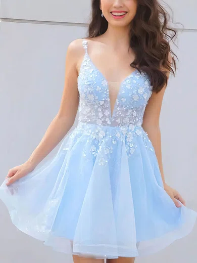 A-line V-neck Tulle Homecoming Dresses With Appliques Lace #Milly020107027
