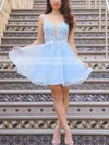 A-line V-neck Tulle Short/Mini Appliques Lace Prom Dresses #Milly020107027