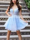 A-line V-neck Tulle Short/Mini Appliques Lace Prom Dresses #Milly020107027