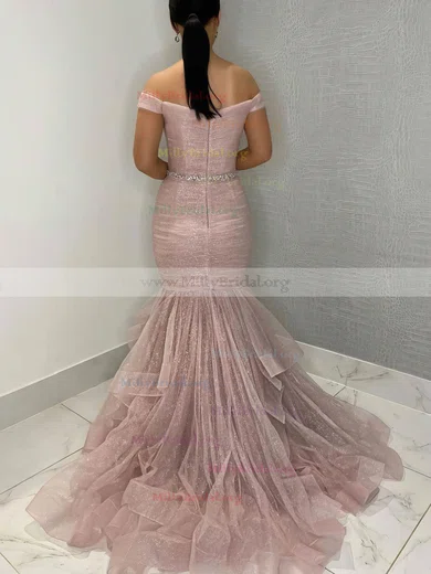Ruched Light Blue Trumpet Mermaid Beading Off The Shoulder Prom Dress