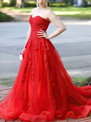 A-line Strapless Tulle Court Train Beading Prom Dresses #Milly020107033