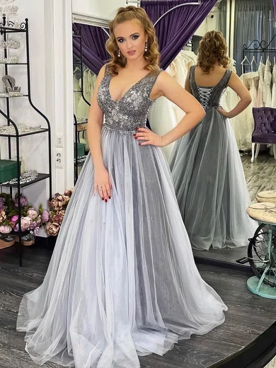 A-line V-neck Tulle Sweep Train Beading Prom Dresses #Milly020107050