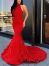 Trumpet/Mermaid High Neck Stretch Crepe Sweep Train Cascading Ruffles Prom Dresses #Milly020107051