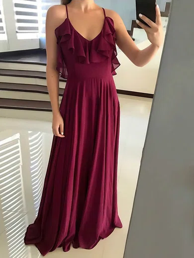 A-line V-neck Chiffon Sweep Train Cascading Ruffles Prom Dresses #Milly020107057