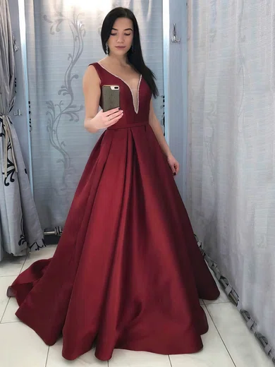 Ball Gown V-neck Satin Court Train Beading Prom Dresses #Milly020107059