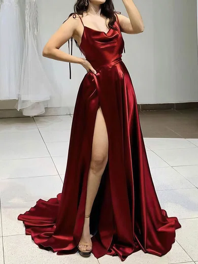 Burgundy A-line Cowl Neck Satin Prom Dresses With Ruched #Milly020107071