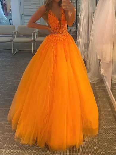 Ball Gown/Princess V-neck Tulle Floor-length Prom Dresses With Beading S020107073