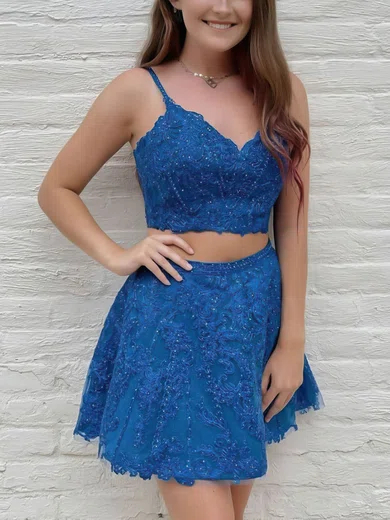 A-line V-neck Tulle Homecoming Dresses With Appliques Lace #Milly020107074