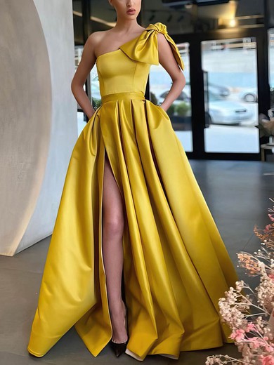 Ball Gown/Princess One Shoulder Satin Floor-length Prom Dresses With Pockets S020107075