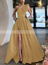 A-line One Shoulder Satin Sweep Train Bow Prom Dresses #Milly020107075