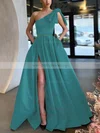 A-line One Shoulder Satin Sweep Train Bow Prom Dresses #Milly020107075
